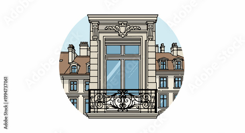 Ornate balcony overlooks classic Parisian building facades under a pale blue sky