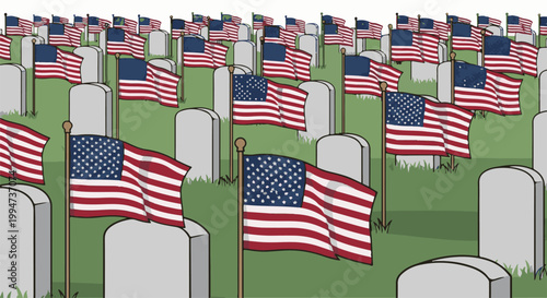 Many flags fly over a field of tombstones