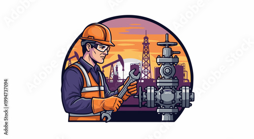 Oil worker inspects equipment at refinery with drilling rigs and sunset