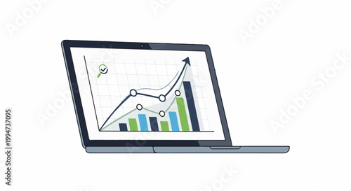 Laptop displaying a rising graph and bar chart with magnifying glass icon