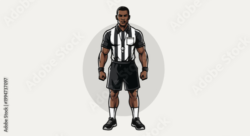 Muscular athlete referee in striped shirt, shorts, and whistle