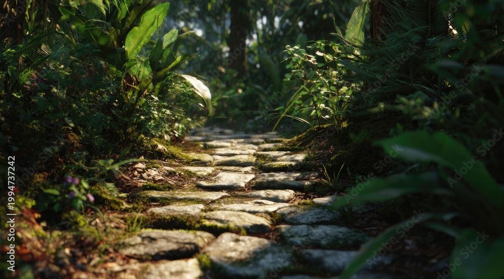 Obraz premium Sunlight shines on a stone path winding through lush, vibrant greenery