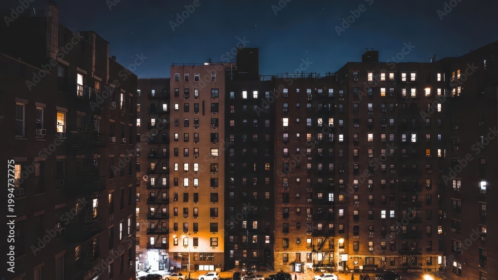 Obraz premium Urban Night Scene of Apartment Buildings with Glowing Windows and Stars