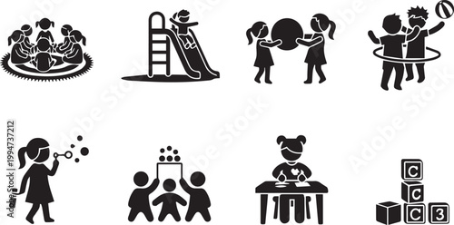 Black vector icons of children playing on playground and learning, isolated on transparent background