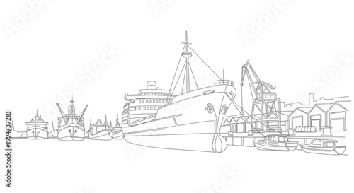 Large Ship Docked at Harbor Side.