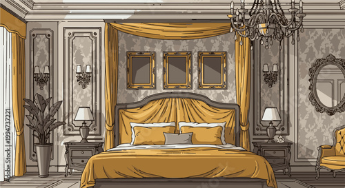 Ornate bedroom with gold drapes, chandeliers, and classic furnishings
