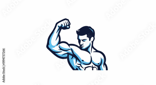 Muscular male torso flexing arm, bold blue and white cartoon style