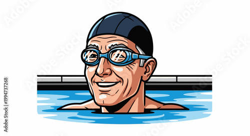 Older man smiling in swimming pool wearing cap and goggles