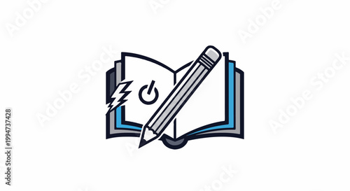 Open book with a pencil, lightning bolt, and power button symbol