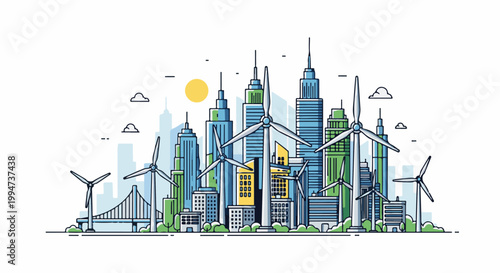 Modern city skyline with wind turbines and a bridge powered by green energy