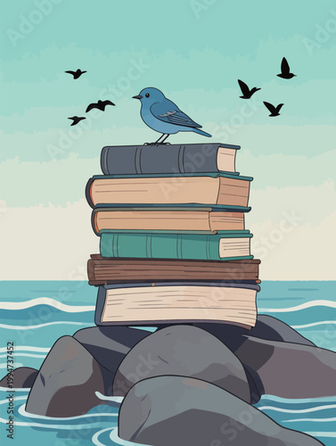 Blue Bird on Stack of Books by the Sea