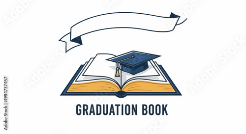 Open book with cap and tassel, over white ribbon banner and text