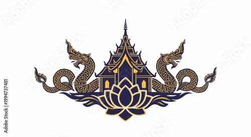 Intricate mythical serpents flank a temple and lotus flower, rich with traditional artistry