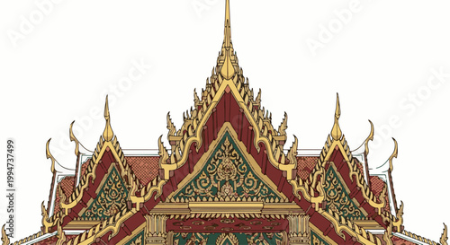 Intricate, ornate gilded temple roof with red and green accents, against a white background