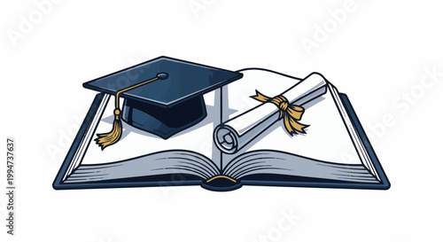 Open book with graduation cap and rolled diploma tied with ribbon