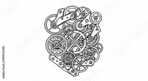 Intricate sketch of interlocking gears and mechanical components in a chaotic yet organized arrangement