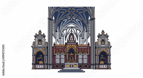 Ornate church interior with a grand altar and vaulted ceiling