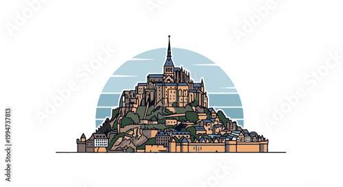 Medieval abbey complex perched atop a rocky island, outlined against a stylized sky