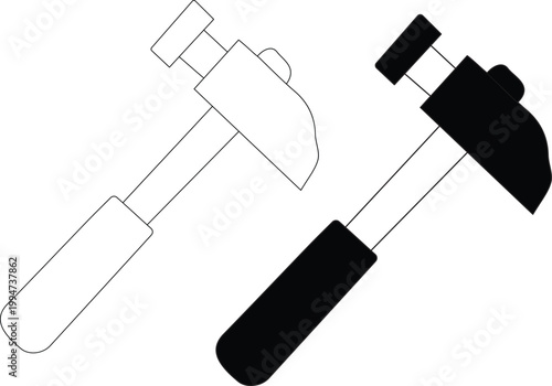 Black and White Hammer Icons with Outline and Solid Style
