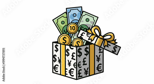 Open gift box overflowing with banknotes and various currency coins, adorned with symbols