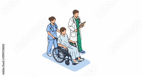 Medical professionals assist patient in wheelchair, one holding chart