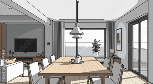 Modern dining room with large windows, a table set for tea, and living area visible