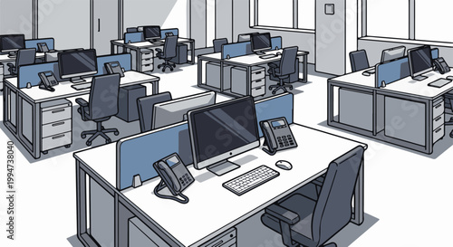 Open plan office cubicles with computers, phones, and chairs