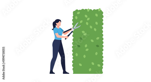 Woman Carefully Trimming a Green Bush with Large Shears.