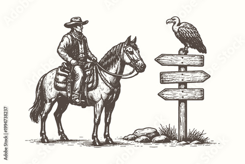 Vintage engraving style vector illustration of a lone cowboy riding a horse next to a wooden signpost and a vulture perched on a desert rock.
