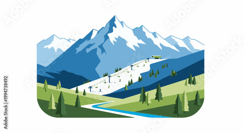 Majestic snow-capped mountains rise above a vibrant ski slope with pine trees and a flowing river