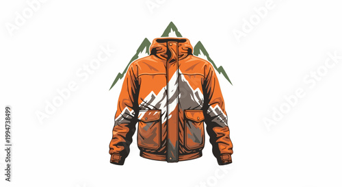 Orange jacket with mountain graphic on front, against green peaks
