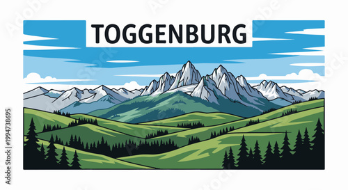 Majestic snow-capped mountains rise above rolling green hills and dark evergreen forests under a blue sky