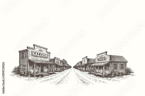 Detailed engraving style vector illustration of a wild west saloon and wooden town buildings lining a dusty street in a classic frontier village.