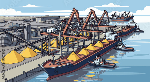 Industrial port with cargo ships, cranes, and silos loading yellow material