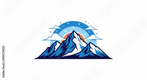 Majestic snow-capped peaks under a starry sky with a colorful arc