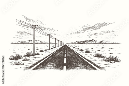 Retro woodcut vector illustration of a long straight road stretching through a desert valley with utility poles and mountains in the far distance.