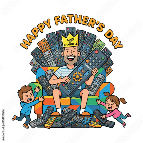 Happy father's day illustration a king on his throne with loving children