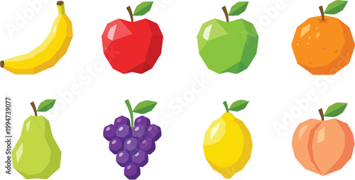 Colorful low poly fruit icons including a banana, various apples, an orange, a pear, grapes, and a lemon. 