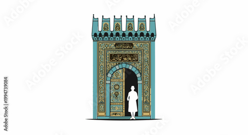 Ornate, arched doorway with intricate patterns and a silhouetted figure