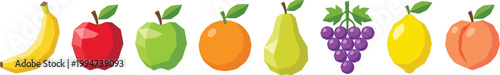 Colorful low poly fruit icons including a banana, various apples, an orange, a pear, grapes, and a lemon. 