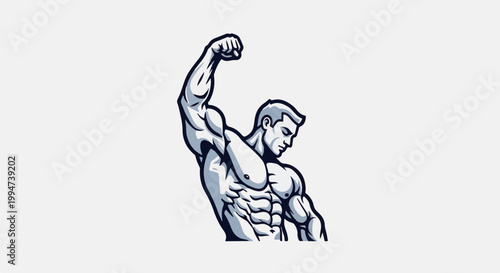 Muscular man flexing arm, showing defined abs, in a dynamic pose