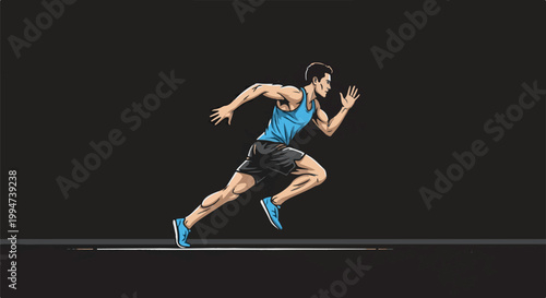 Muscular man in athletic attire sprinting forward with determined expression against a dark background
