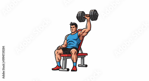 Muscular man in blue tank top and black shorts sits on a weight bench lifting a dumbbell