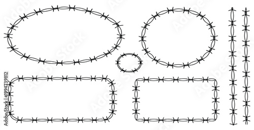 Barbed Wire Frames Set: A collection of various frame designs made from barbed wire. edgy decoration, danger symbol, metal artwork, detailed design, security element.