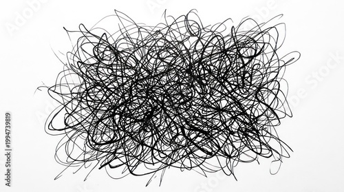 A chaotic, abstract black and white drawing on a white background.