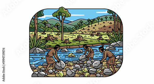 Indigenous people gather rocks by a river with a deforested hill in the background