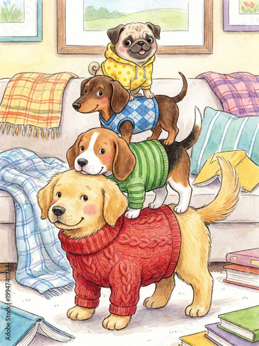 Cute stacked puppies wearing sweaters illustration