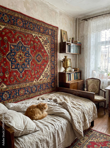 There is a Russian carpet on the wall, a bed in front of the carpet, and a cat sitting on the bed.