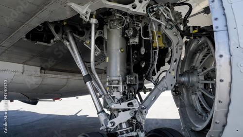 Detailed view of aircraft landing gear assembly with complex hydraulics and metal components