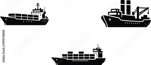 Set of black ship silhouettes featuring cargo vessels sailboats and vintage galleons for maritime logistics transportation ocean travel and nautical graphic design elements isolated on white